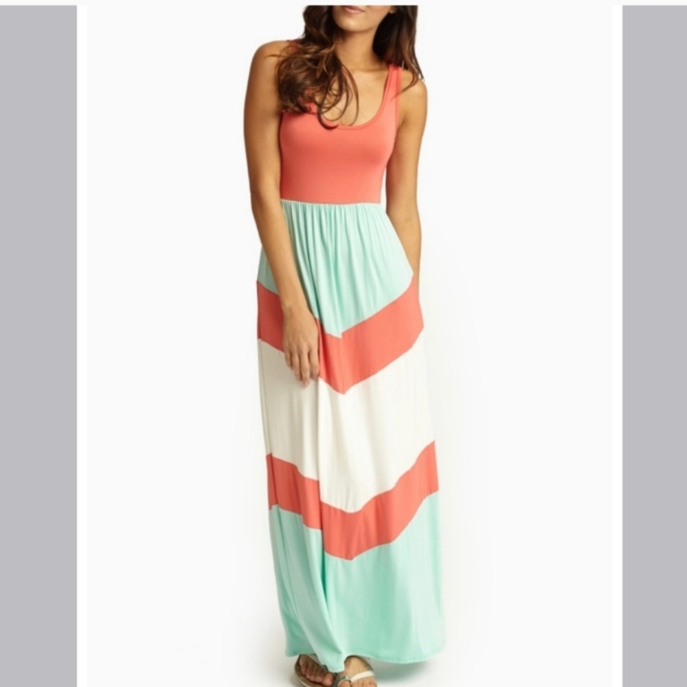PinkBlush Coral Chevron Printed Bottom Maxi Dress